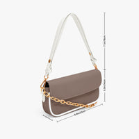 Brown leather small shoulder bag with white strap and gold chain, curved flap