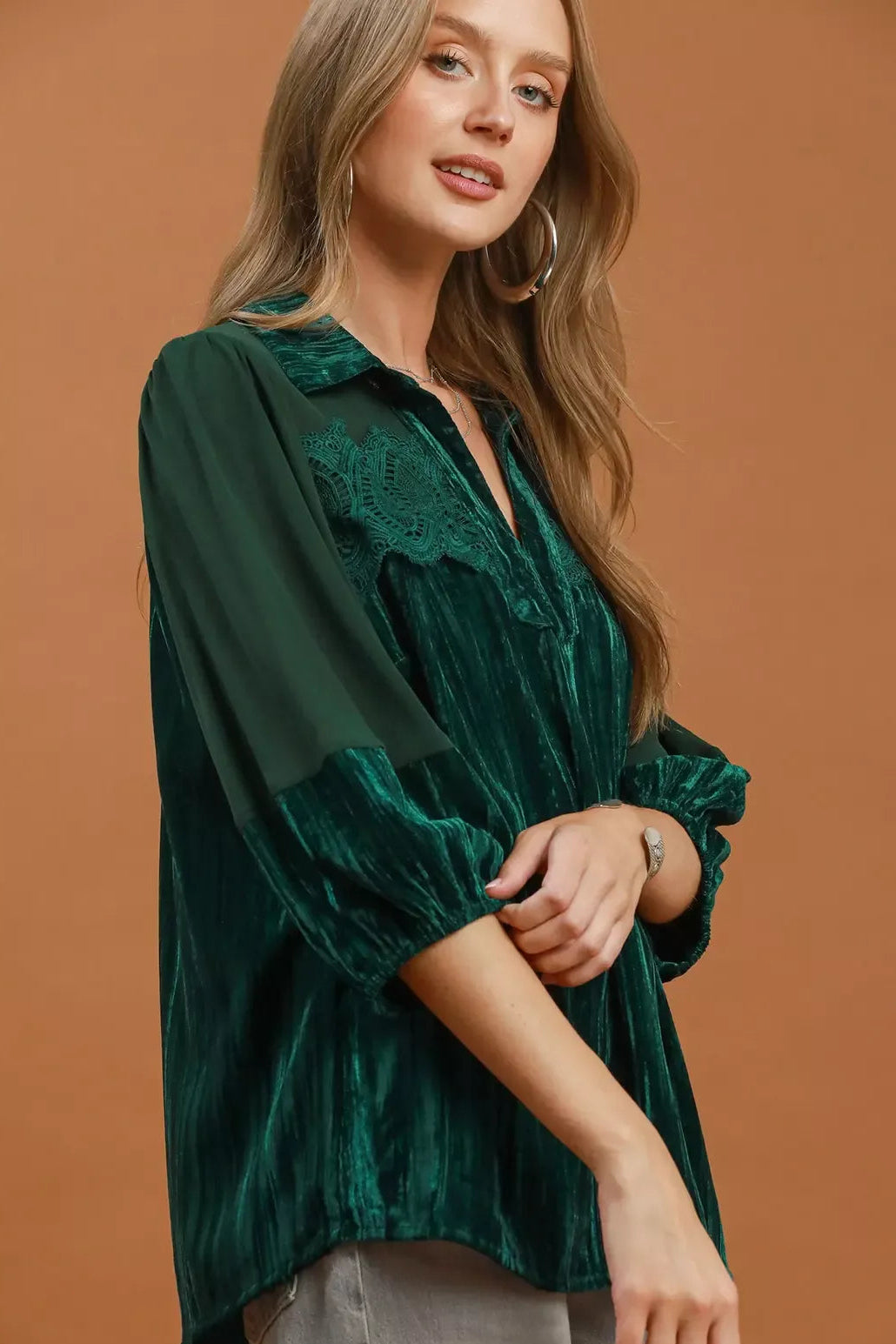 Hunter green velvet blouse with lace yoke, V neckline, and sheer sleeves