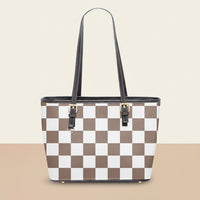 Checkered Tote Bag | Large Brown and White Twill Faux Leather Purse