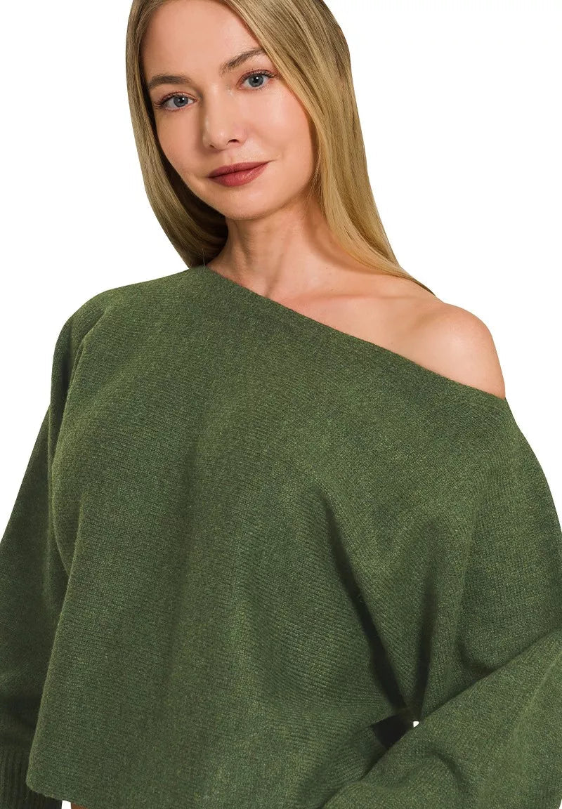 Dark olive boat-neck sweater with one-shoulder look and wide balloon sleeves