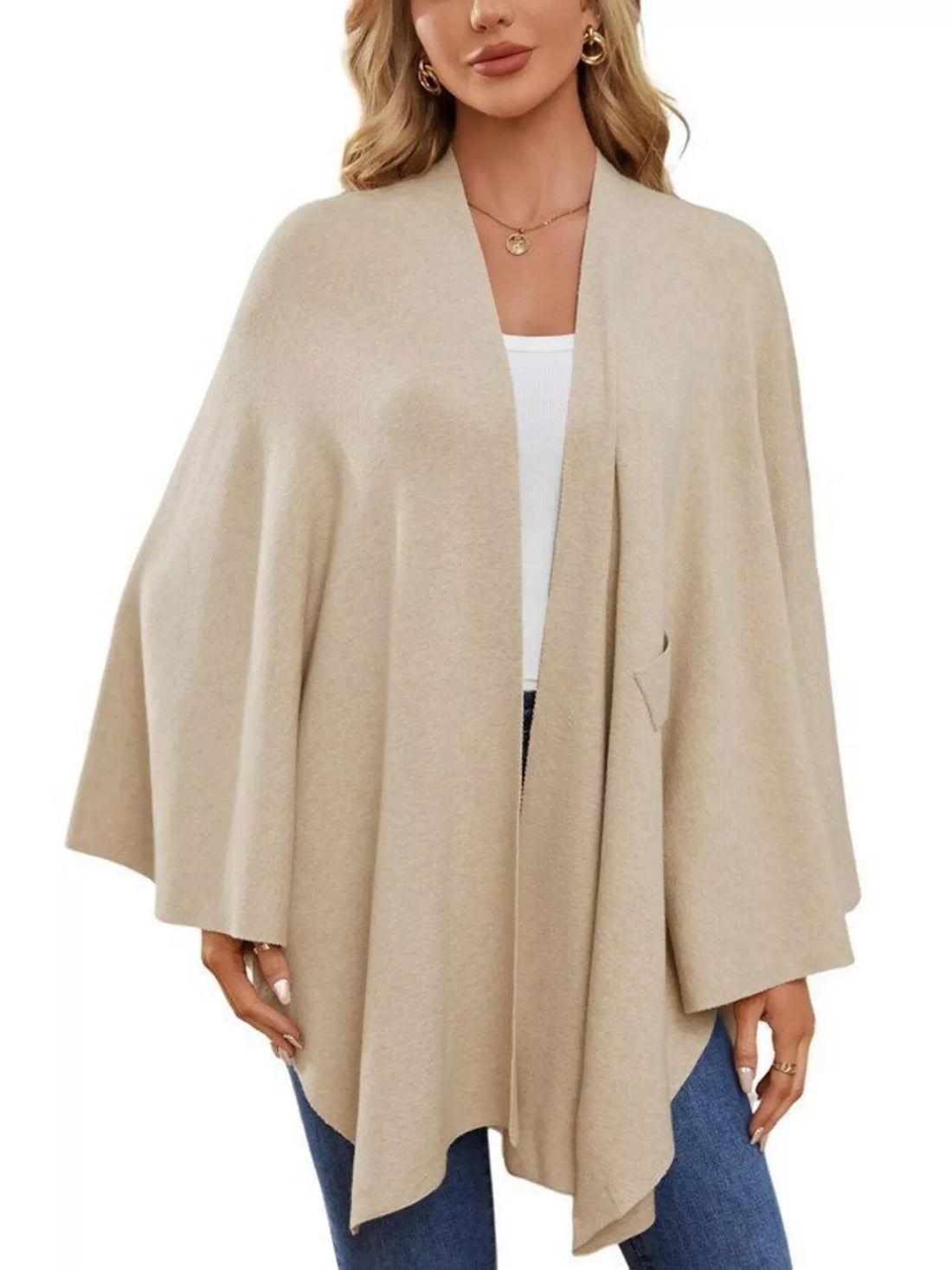 Ivory shawl cape with open front, draped hem, and long cape sleeves