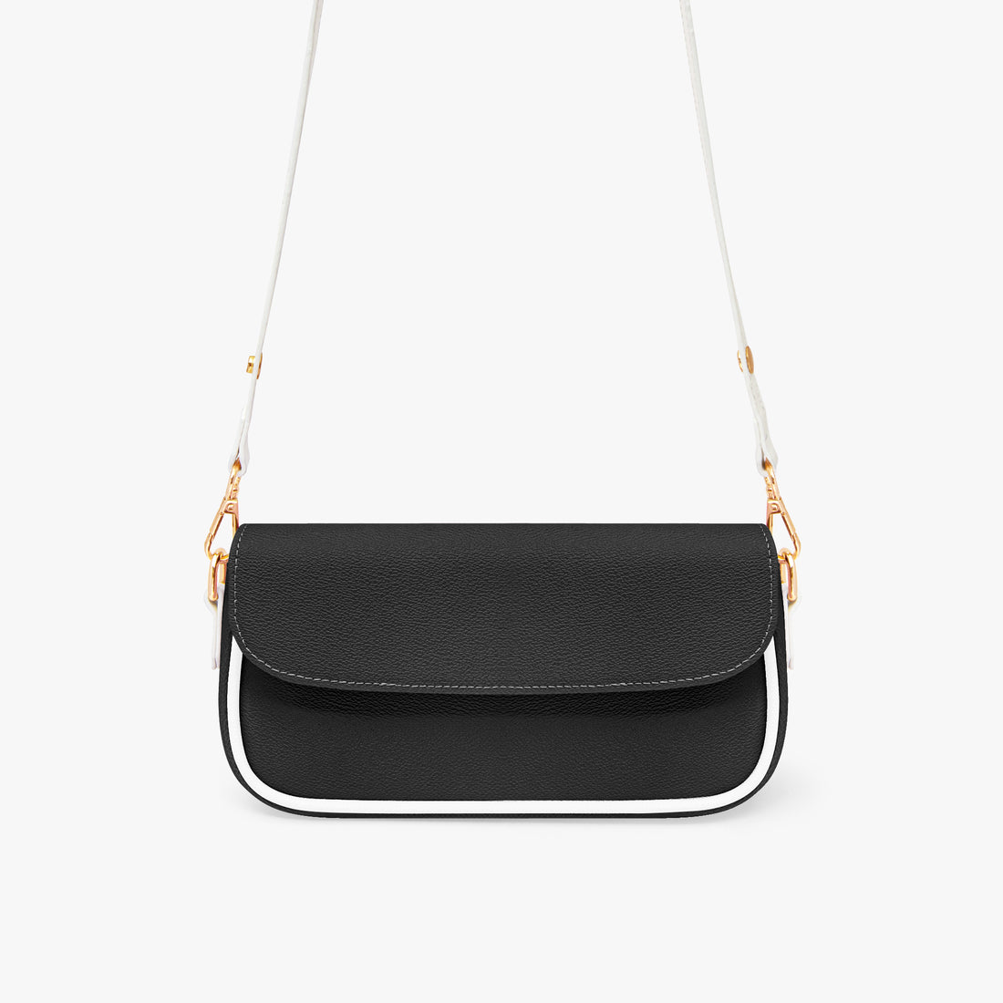Black mini shoulder bag with front flap and gold chain strap, short curved base