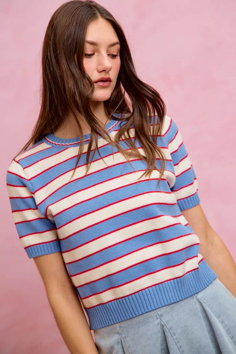 Striped knit crew neck sweater top, blue ribbed cuffs and hem with red/white horizontal stripes