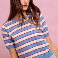 Striped knit crew neck sweater top, blue ribbed cuffs and hem with red/white horizontal stripes