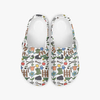 White Comfortable Garden EVA Clogs for Women with Gardening Icons Design