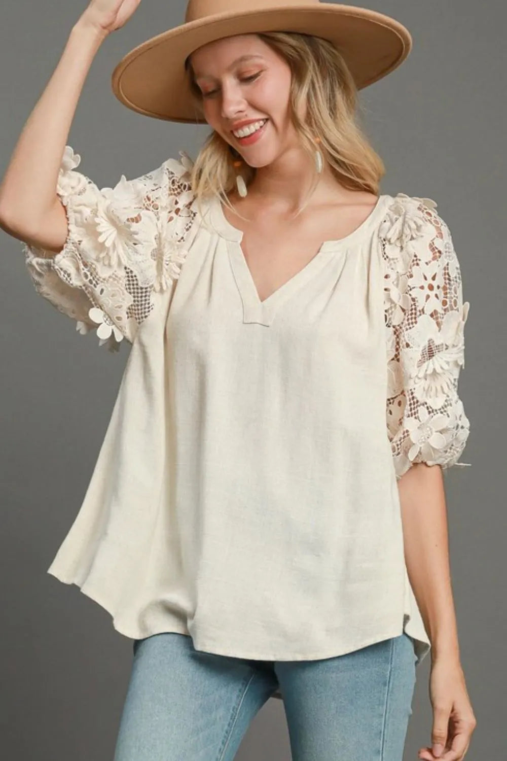 Plus size oatmeal french terry top with V-neck and 3D floral lace puff sleeves