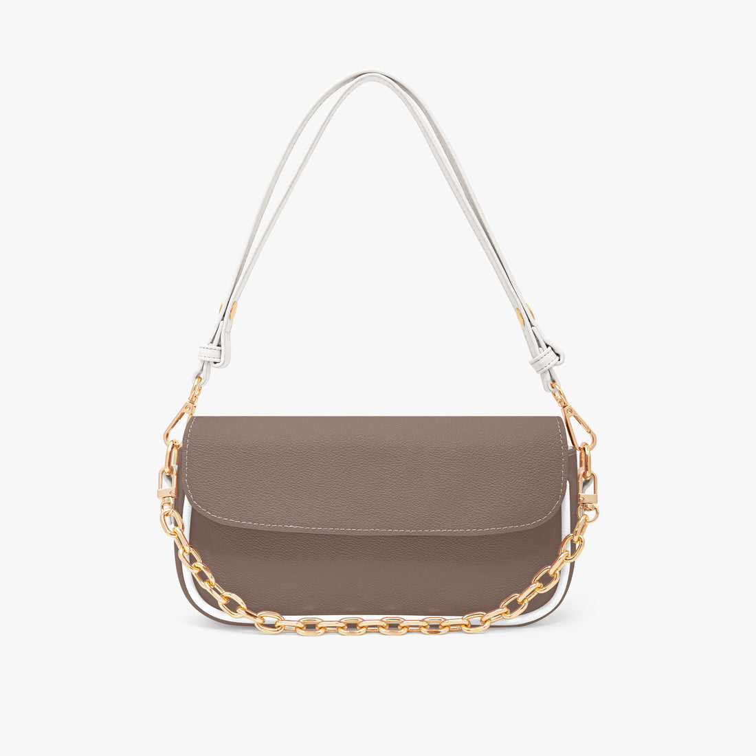 Small brown leather shoulder bag with front flap and gold chain strap