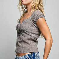 Grey lace sweetheart neck short-sleeve top, fitted silhouette
