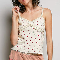 Lightweight ribbed knit cami, natural with red star print, spaghetti straps and ruffle hem