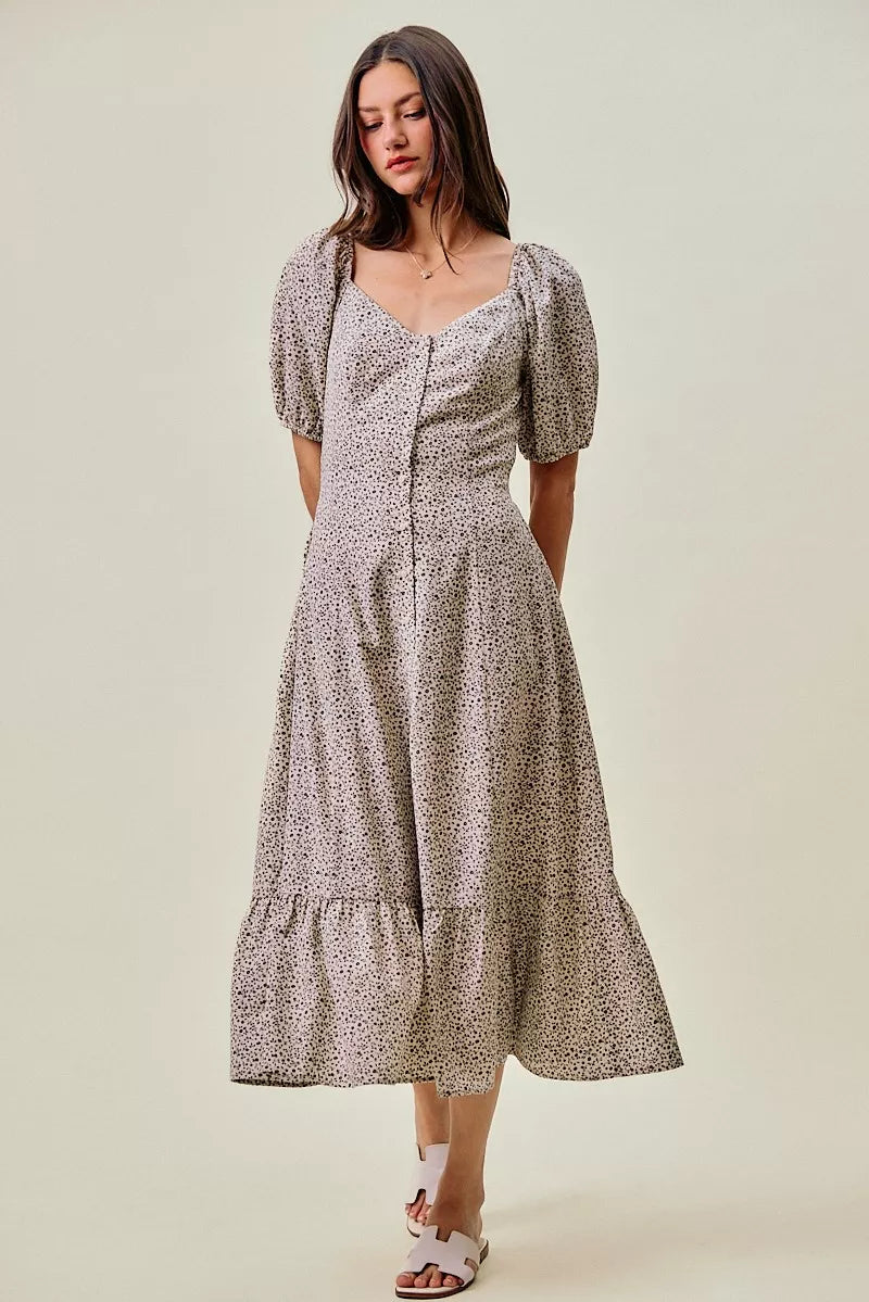 Ditsy floral midi dress with elastic waist and self belt, front view, tiered skirt hem