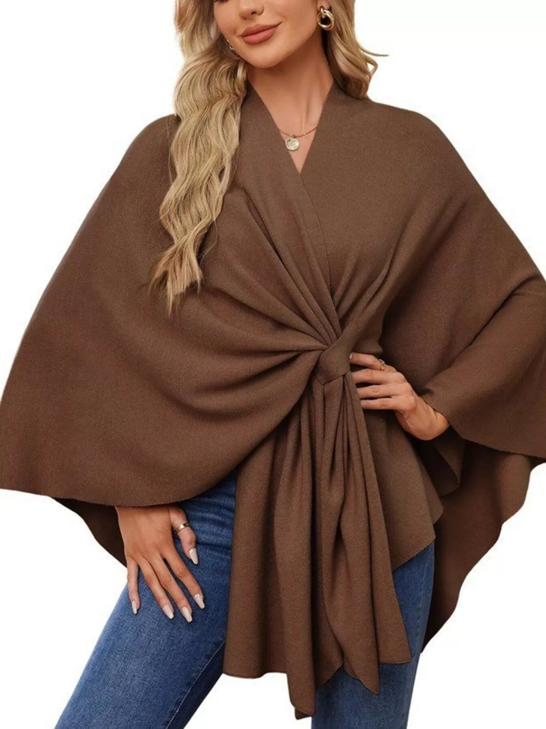 Women’s drape shawl cape in dark brown with front tie knot and wide sleeves