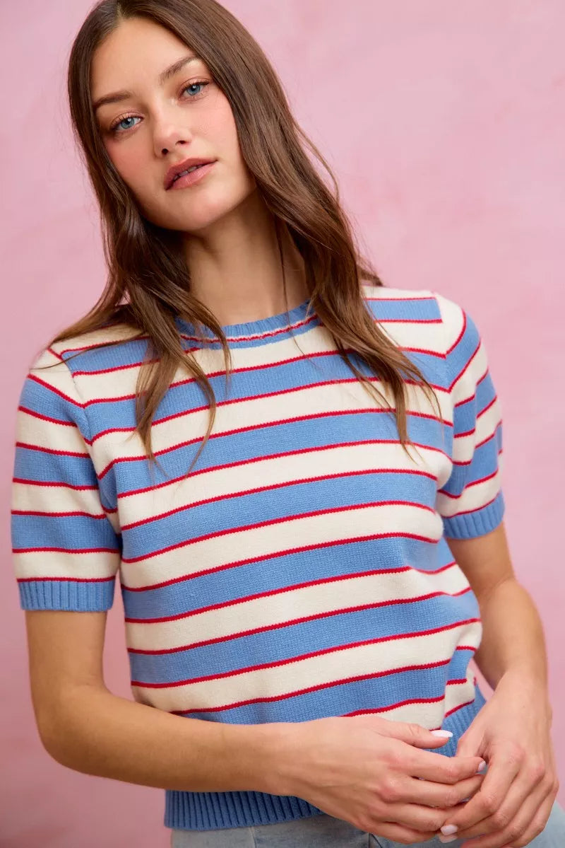 Striped knit crew neck short-sleeve sweater top, blue with red and white horizontal stripes