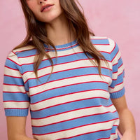 Striped knit crew neck short-sleeve sweater top, blue with red and white horizontal stripes