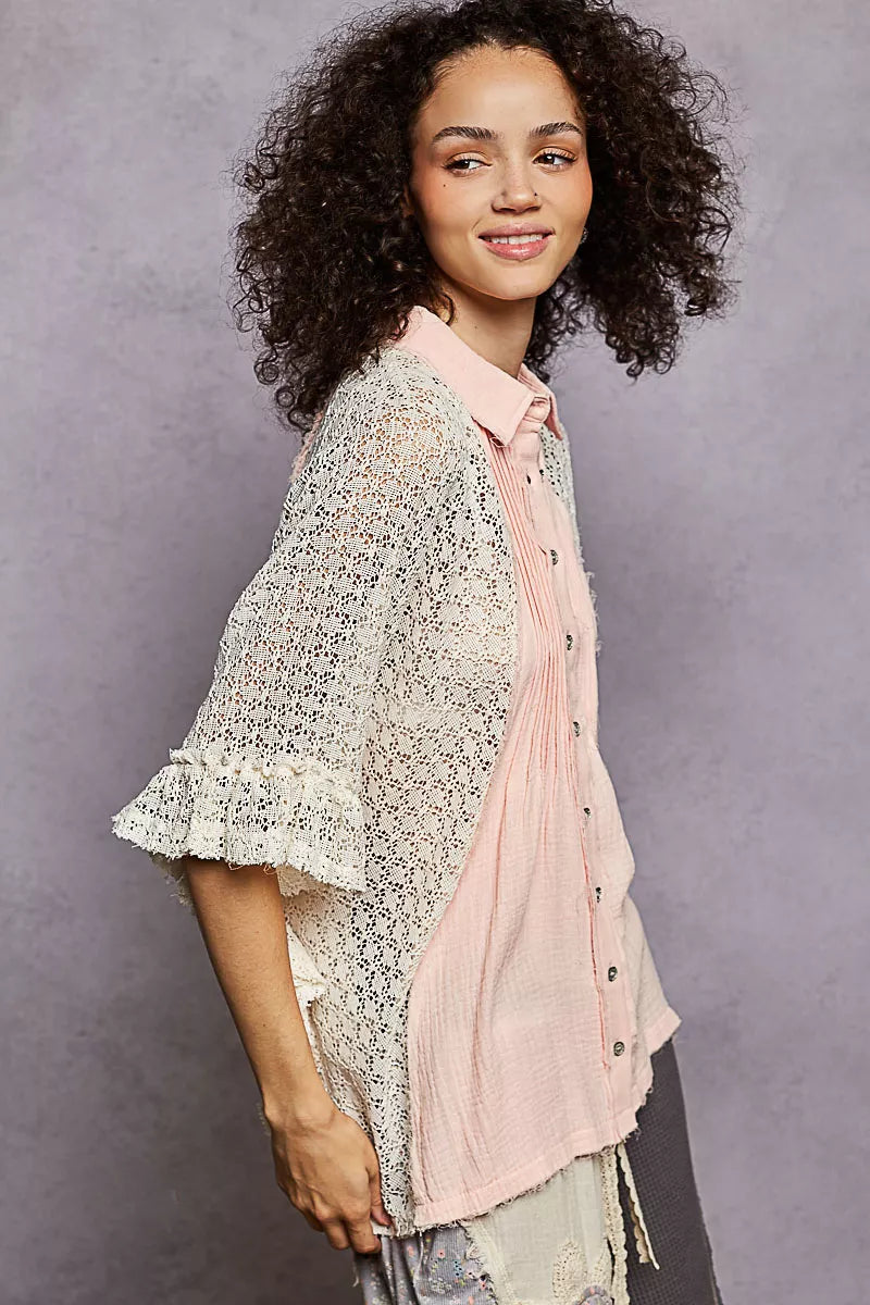 Women’s baby pink button-front pleated shirt with lace crochet patch detail
