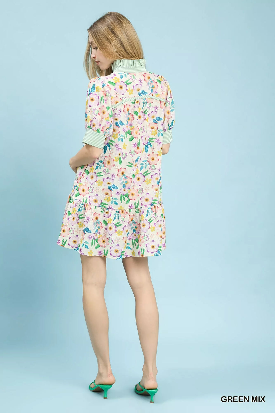 Green floral tiered babydoll dress, ruffle collar detail, back view