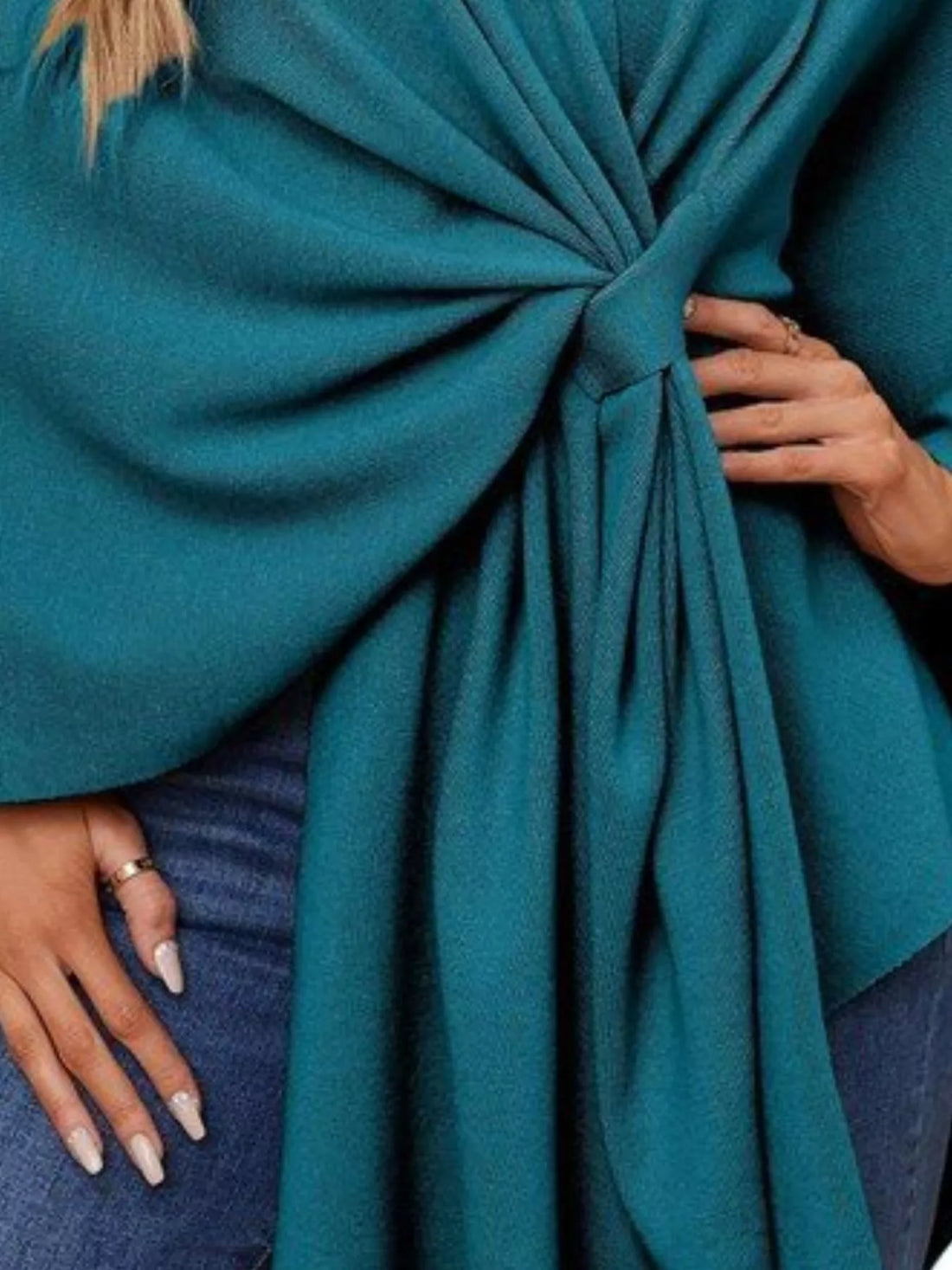 Teal cape shawl with gathered front tie and pleated drape detail