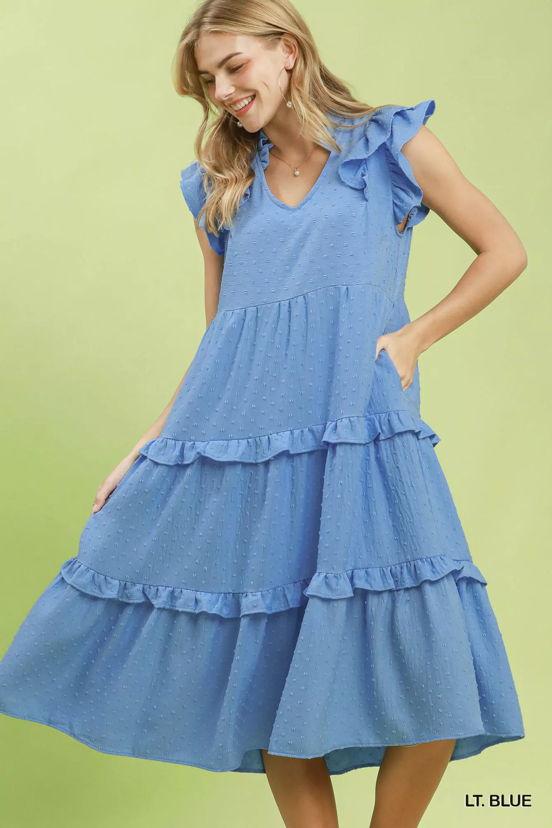 Light blue tiered midi dress with ruffle sleeves, textured fabric