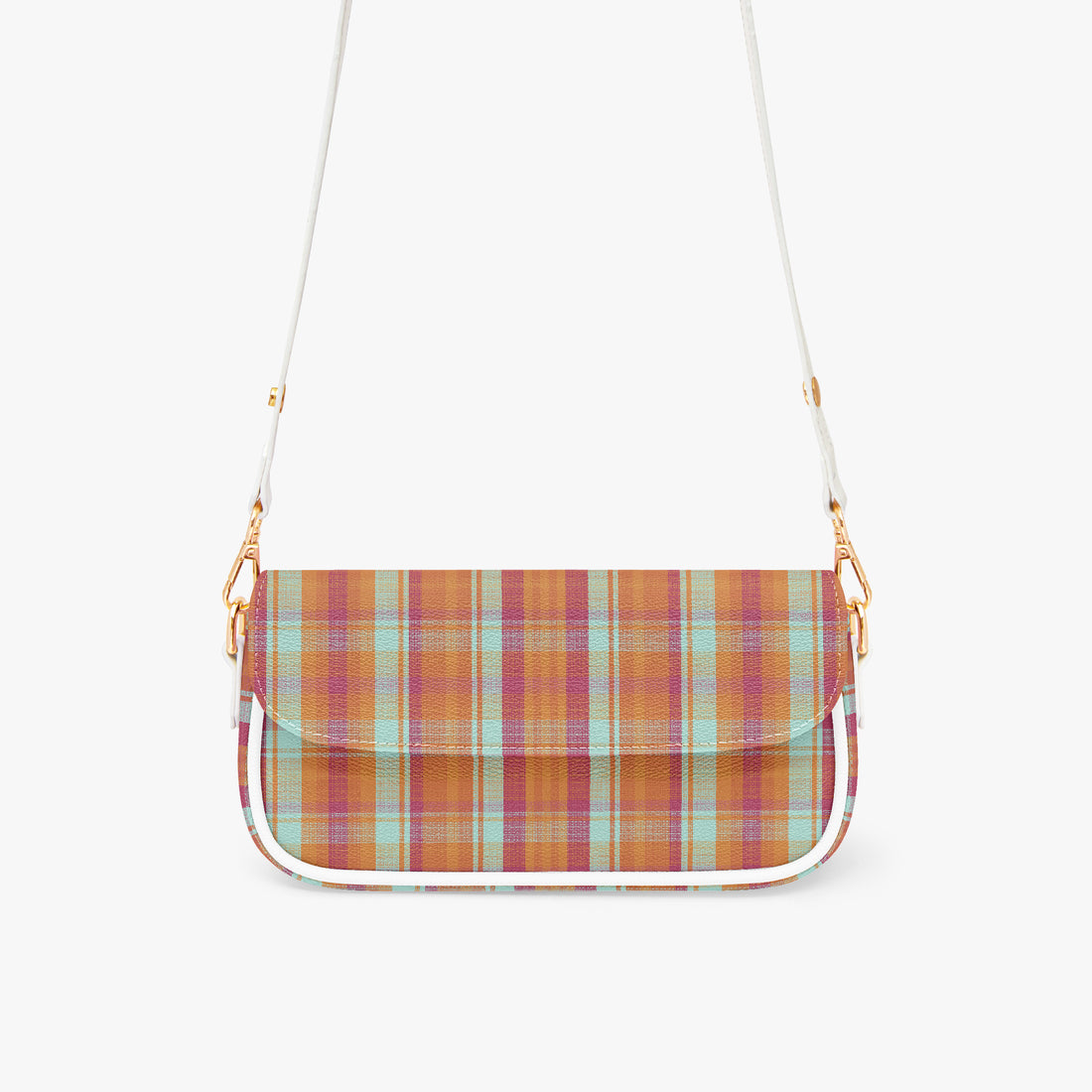 Plaid crossbody bag with white strap, front flap, and gold chain trim