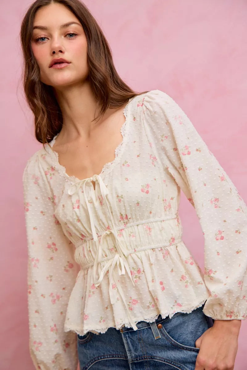 White floral clip-dot lace-trim ruched bodice blouse, long puff sleeves