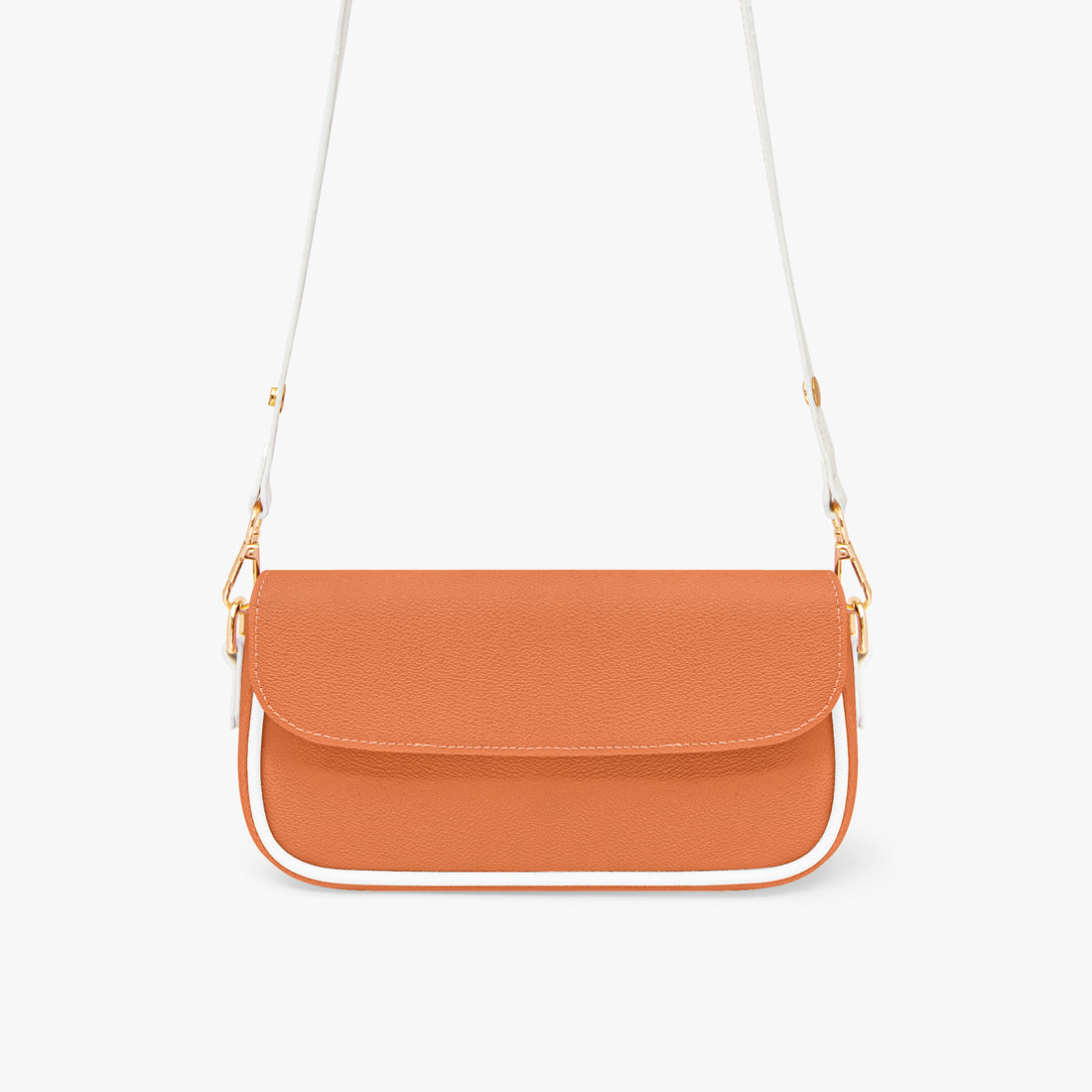 Orange crossbody shoulder bag with rounded flap and white strap with gold chain links