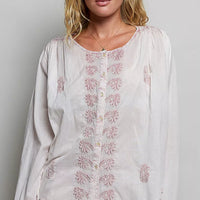 Embroidered gathered-shoulder long-sleeve shirt in off-white with blush floral embroidery