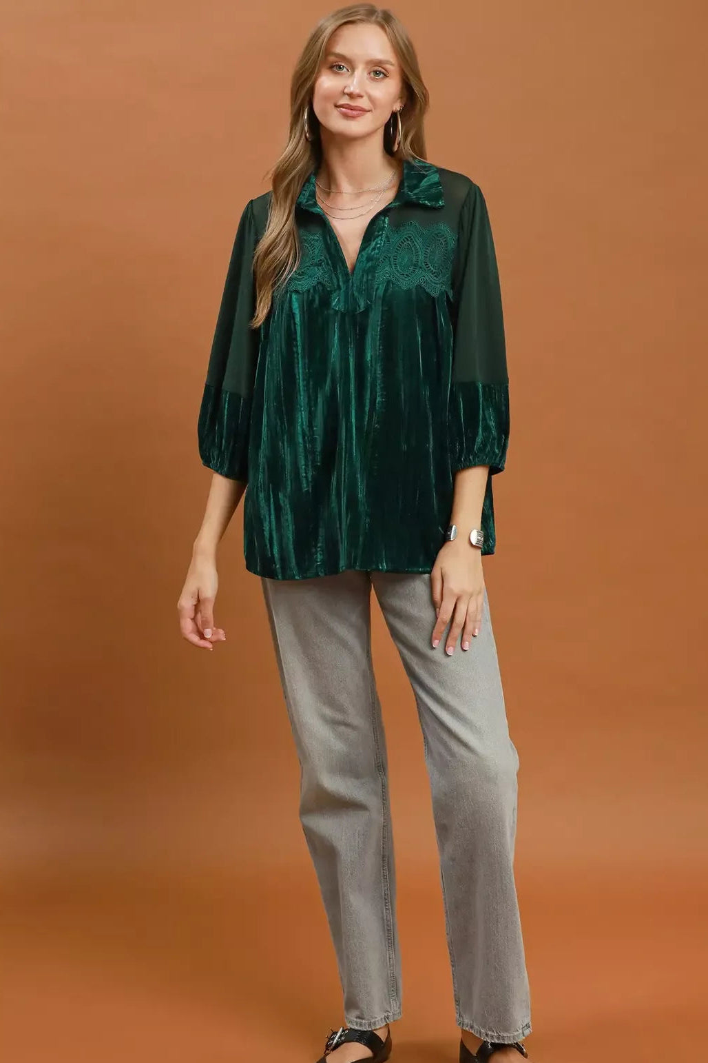 Hunter green velvet lace detail blouse with three-quarter sheer sleeves