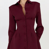 Wine red blazer dress with lapel collar, button front and cinched corset-style waist