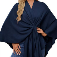 Women's cape shawl with front tie, navy draped poncho wrap
