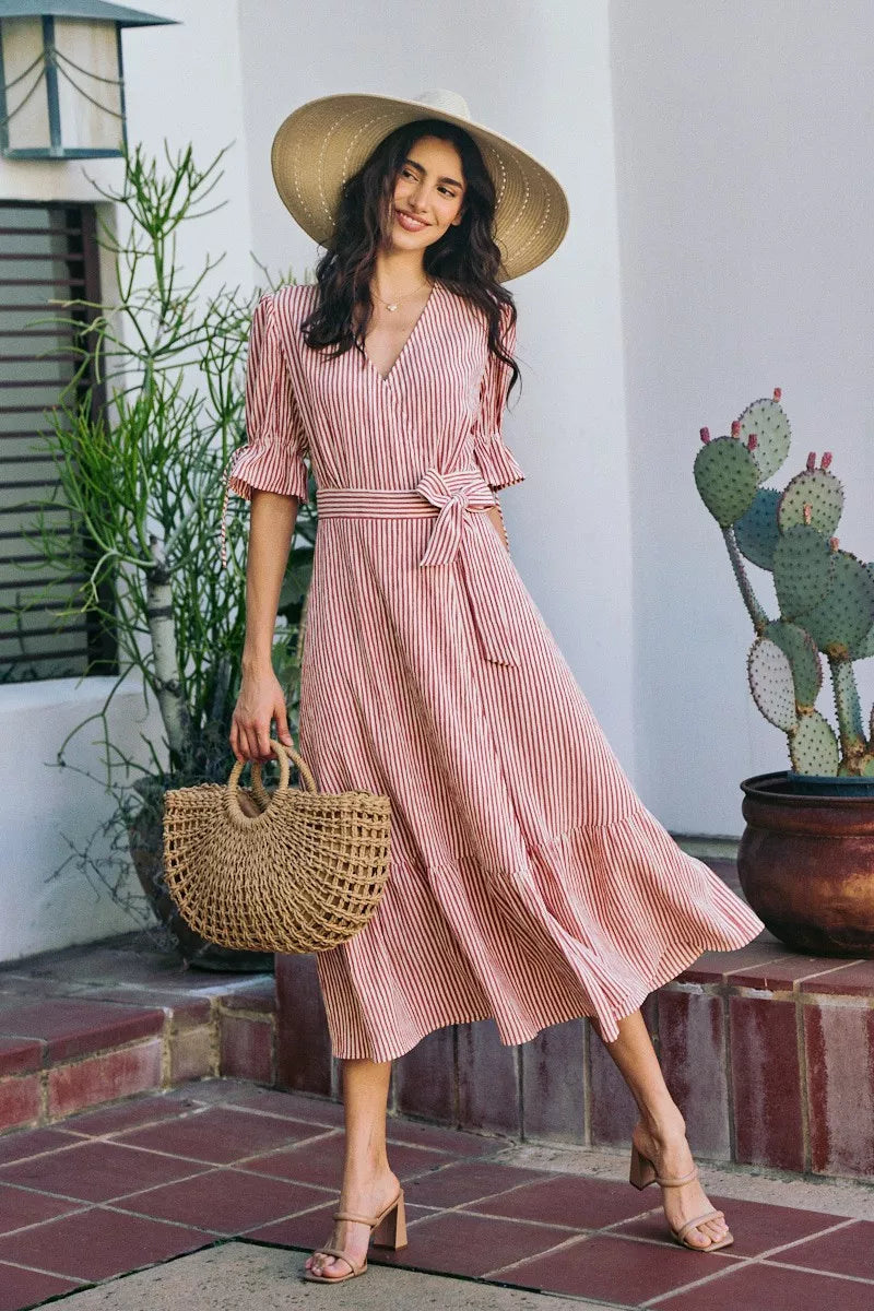 Red-and-white striped wrap midi dress, V-neck, short puff sleeves, tied waist