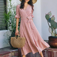 Red-and-white striped wrap midi dress, V-neck, short puff sleeves, tied waist