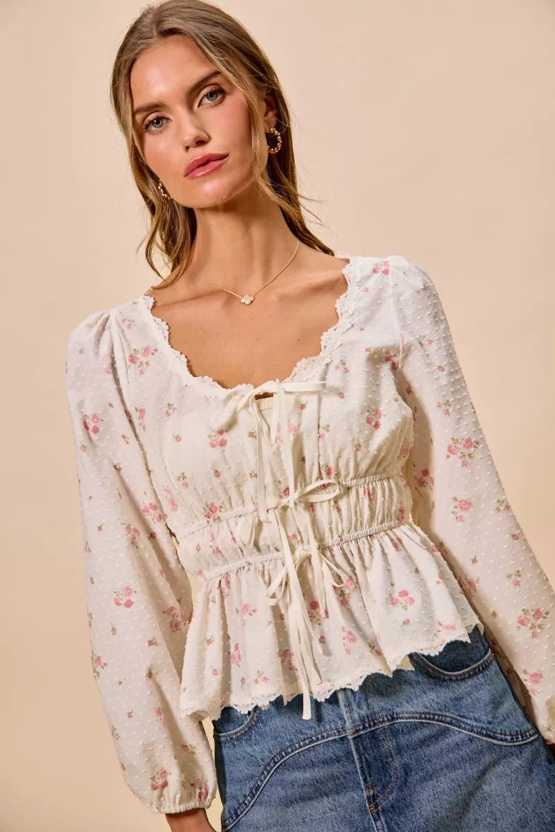White floral clip-dot lace-trim ruched blouse with drawstring tie and puff sleeves
