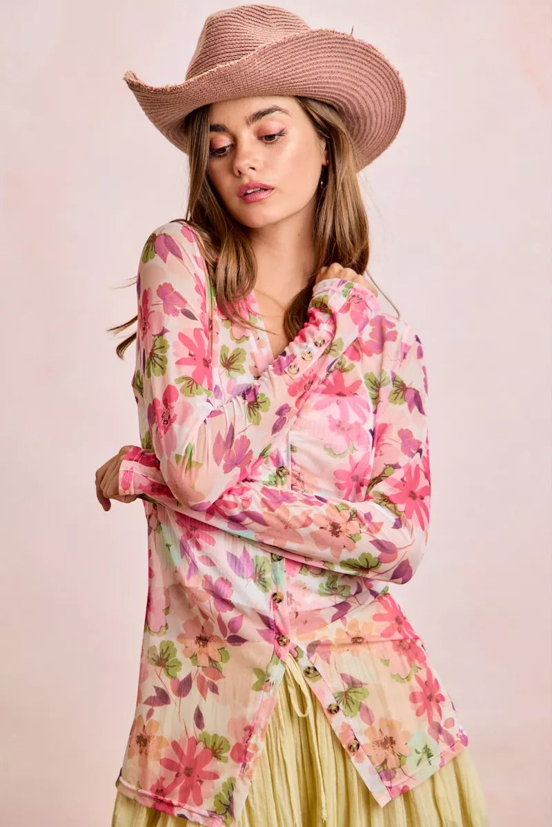 Floral mesh button-up cardigan top in pink multi with V-neck, buttons, and long sleeves