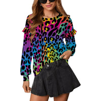 Multi Coloured Leopard Print Women's Ruffled Shoulder Top