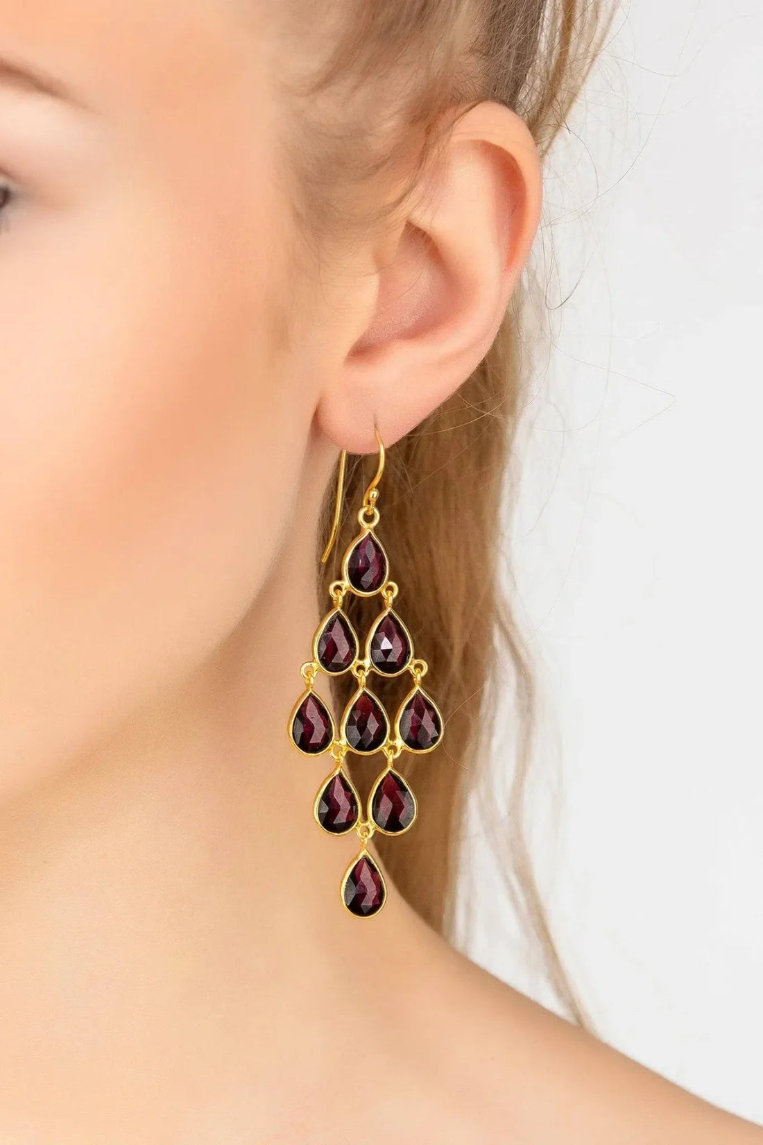 Erviola Gemstone Cascade Earrings Gold Garnet-1