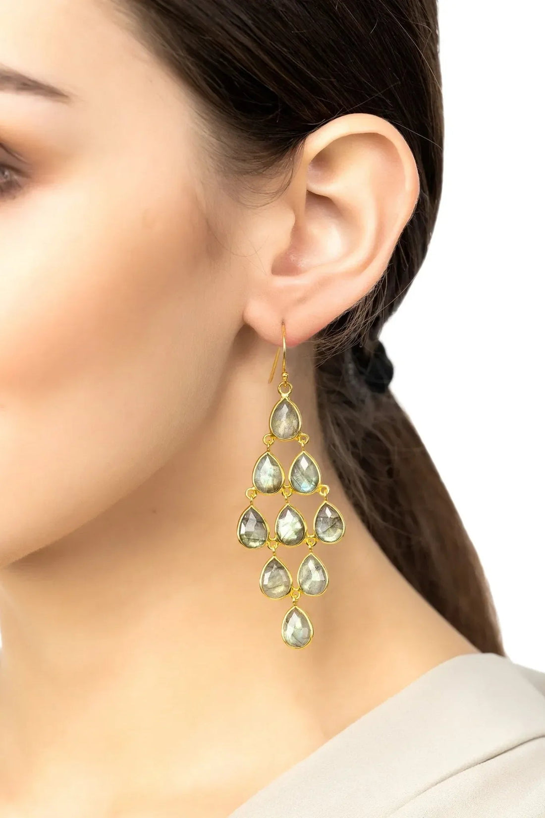 Gold-tone labradorite gemstone drop earrings with cascading teardrop stones
