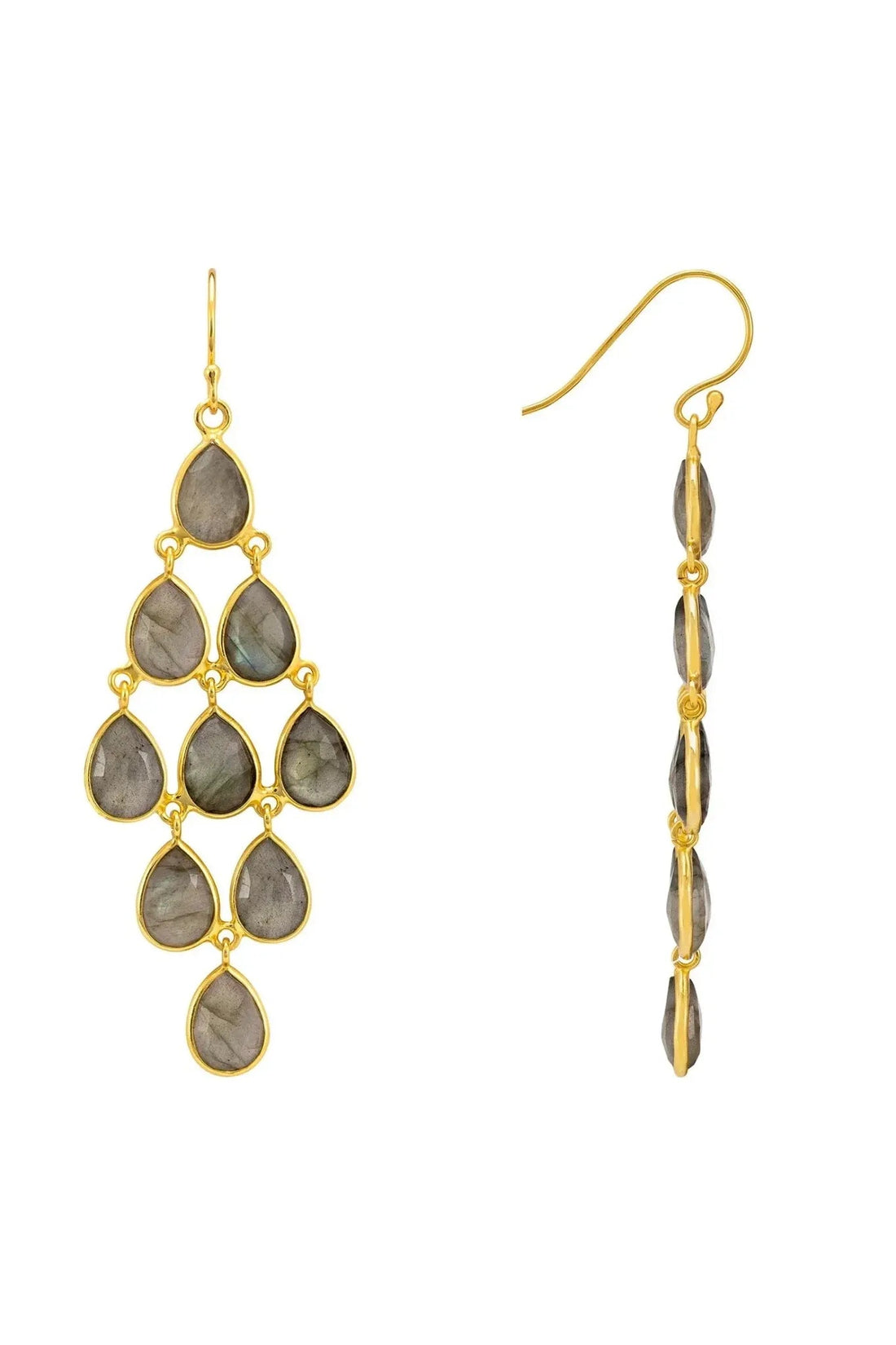 Gold-tone labradorite chandelier earrings, drop style with teardrop stones