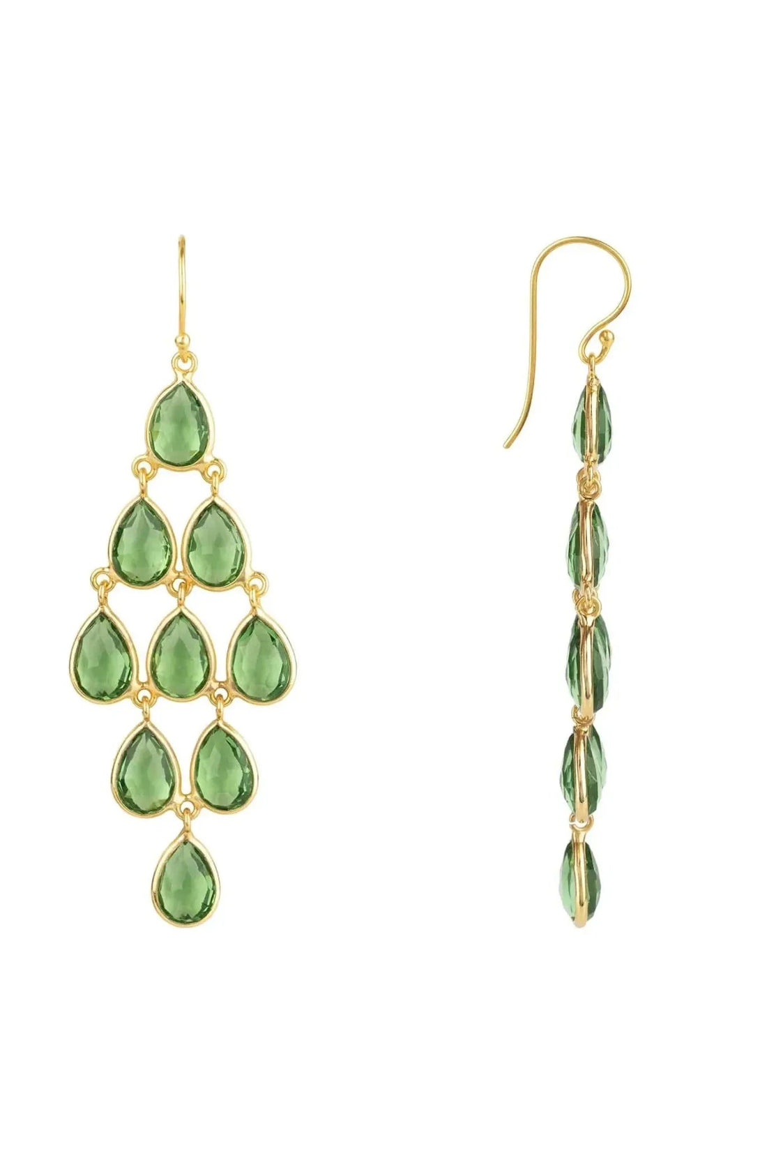 Gold peridot drop earrings with teardrop green stones shown from front and side