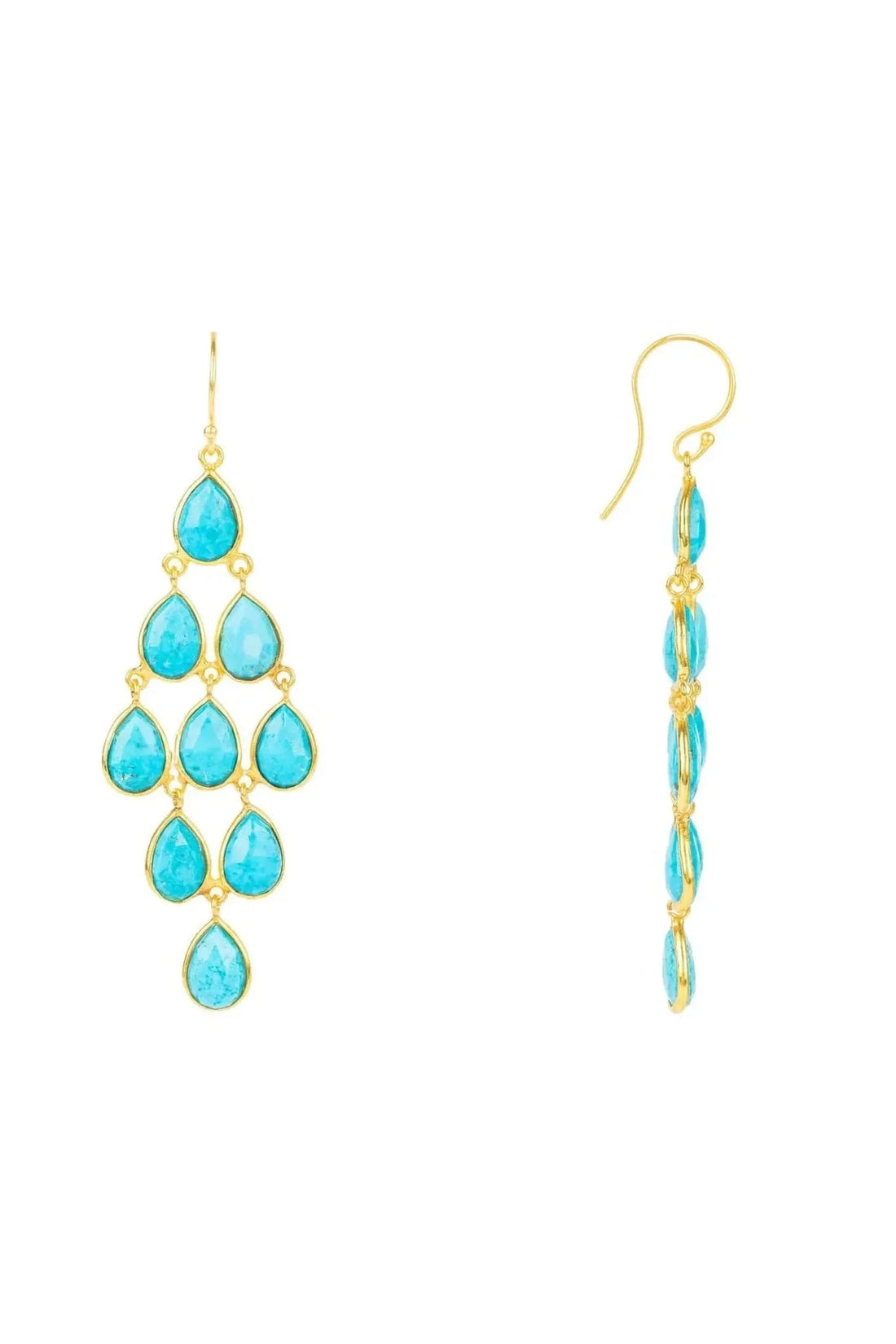 Gold-tone turquoise teardrop earrings with long vertical cascade and hook backs