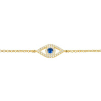 Gold-tone evil eye bracelet with blue center eye motif and clear sparkle stones