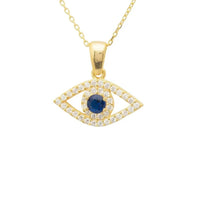 Gold necklace with evil eye pendant, blue center stone and clear pavé accents