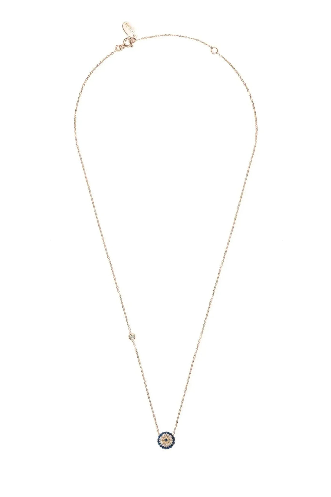 Thin rose gold evil eye necklace with small round blue pendant