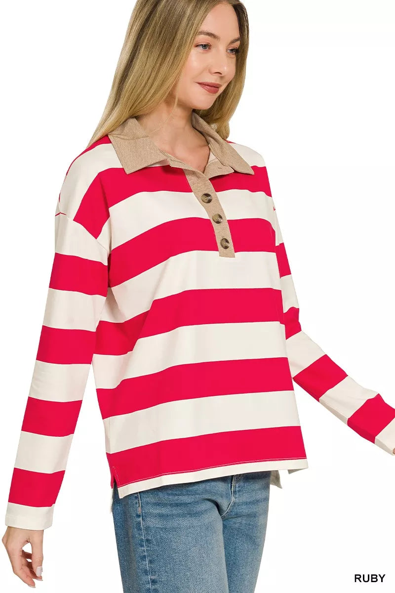 Striped polo top with contrast collar and button placket, ruby and white