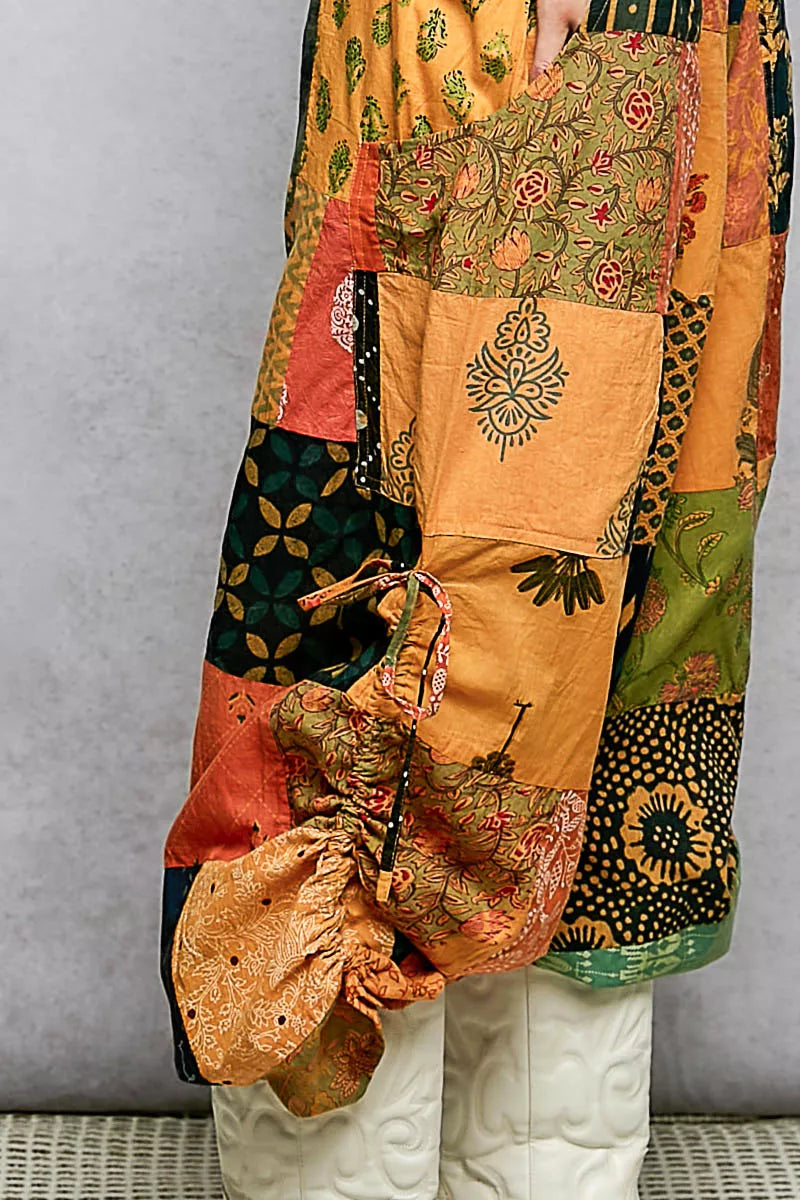 Honey multi patchwork wide-leg pants detail with side drawstring tie and tassel