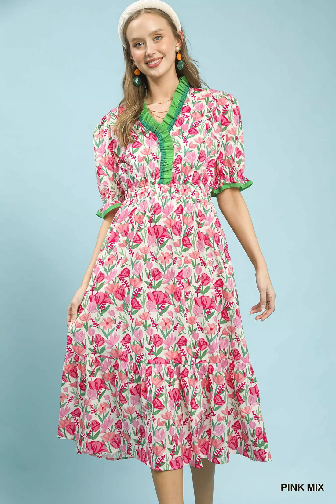 Floral ruffle-trim tiered midi dress in pink mix with green V-neck trim