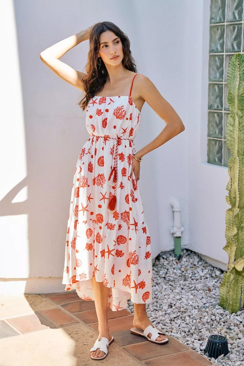 Red-and-white shell print tiered midi cami dress with belt, spaghetti straps, lined skirt