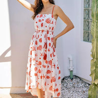 Red-and-white shell print tiered midi cami dress with belt, spaghetti straps, lined skirt