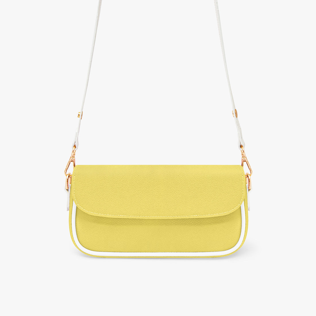 Yellow leather shoulder underarm bag with flap front and white strap with gold chain.