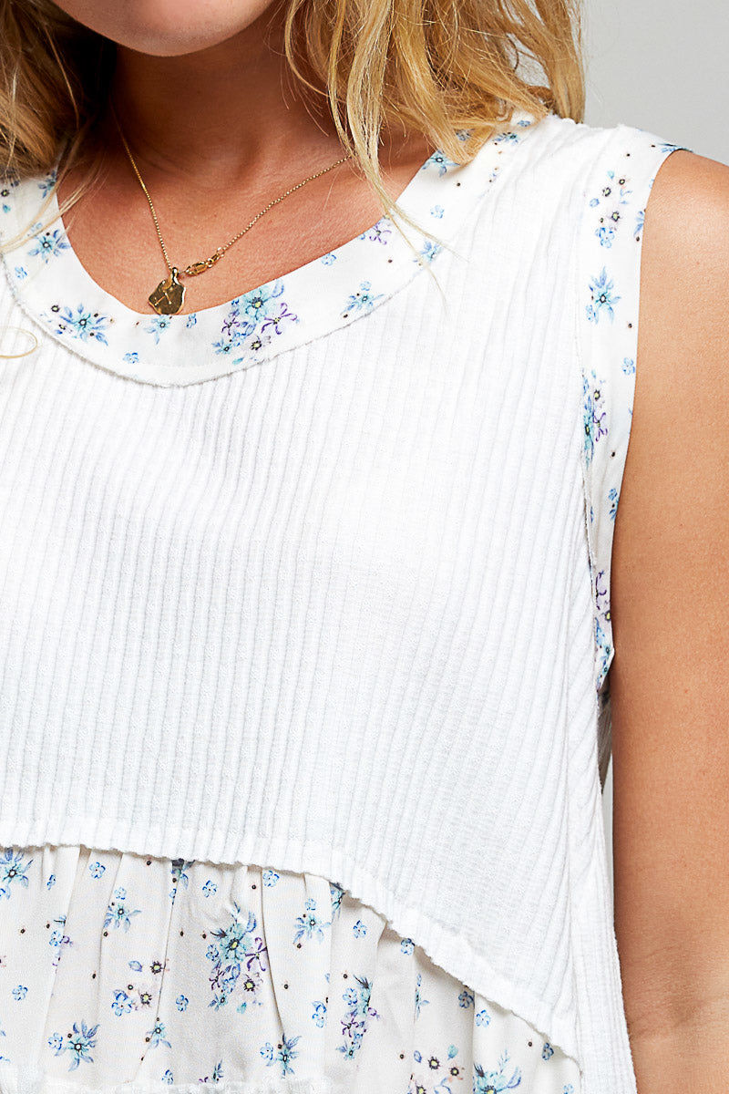 Off-white ribbed tank with round neck floral trim