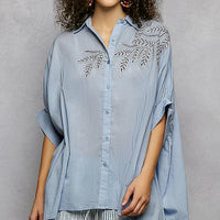 Sky blue button-down embroidered high-low hem shirt with short sleeves