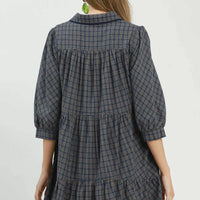 Navy plaid shirt dress with gathered back yoke and three-quarter length sleeves
